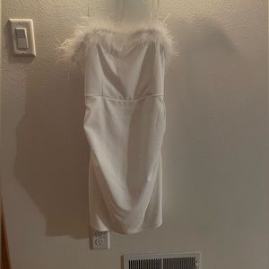 Emerald sundae white mini dress with feathers on top